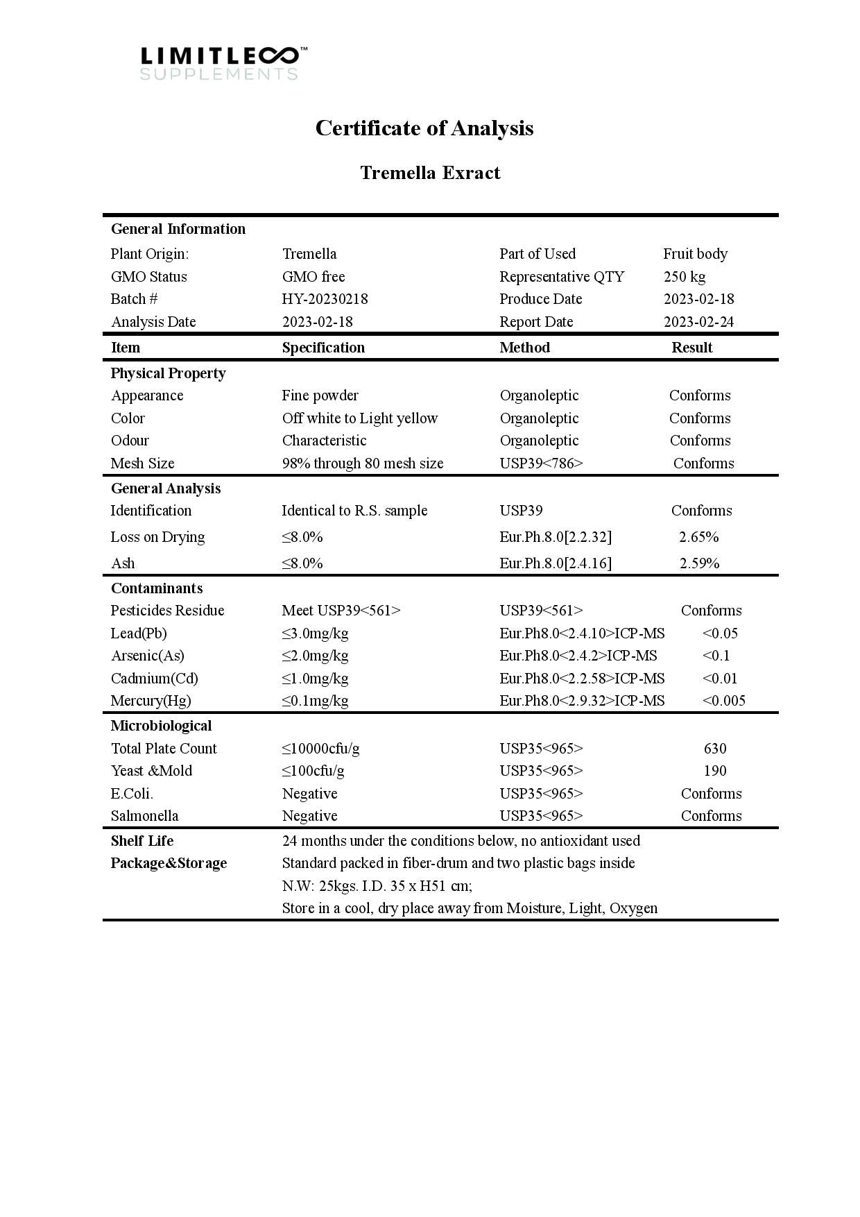 The Shroom Shop Tremella Mushroom 45000mg Capsules - 90 Caps - COA